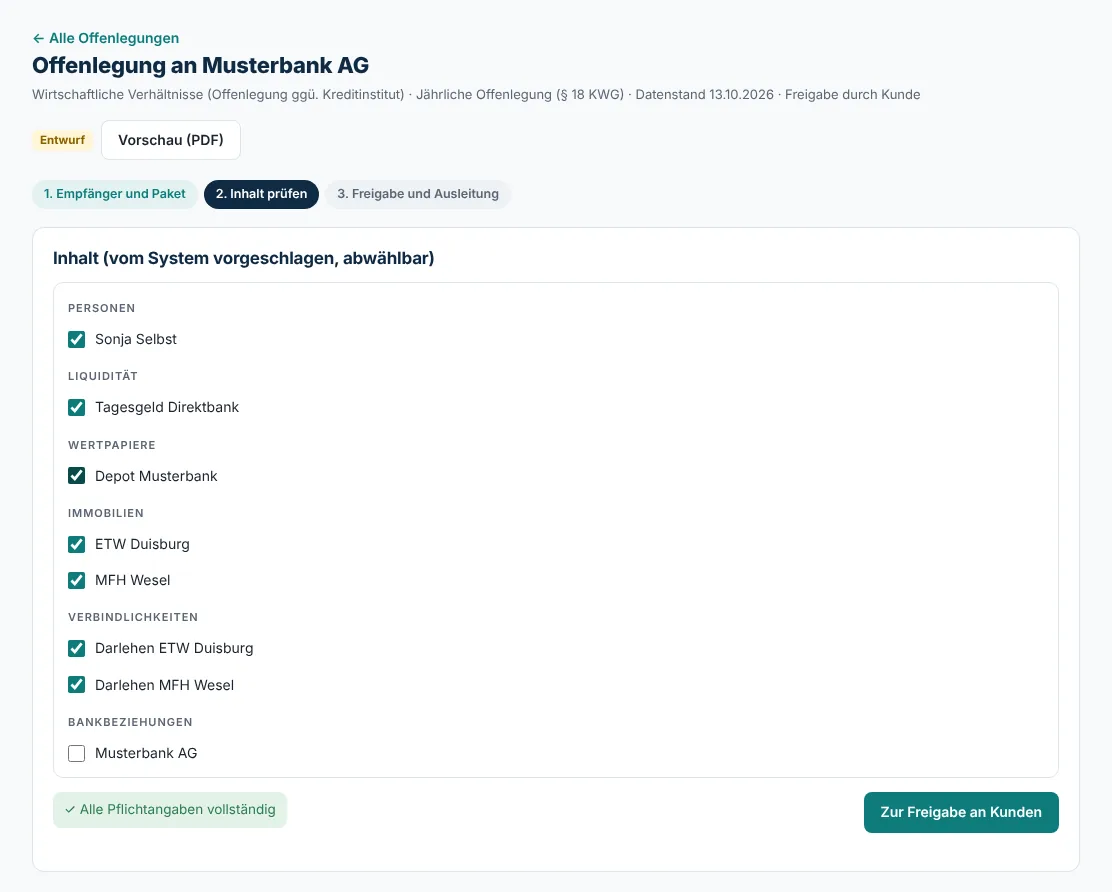 Offenlegung an eine Bank, Schritt Inhalt prüfen, mit abwählbaren Positionen je Abschnitt